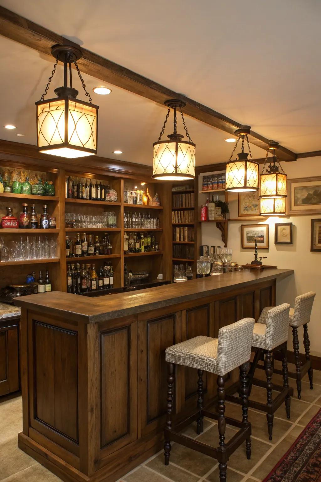 Countryside-inspired lanterns contribute vintage charm to the bar.