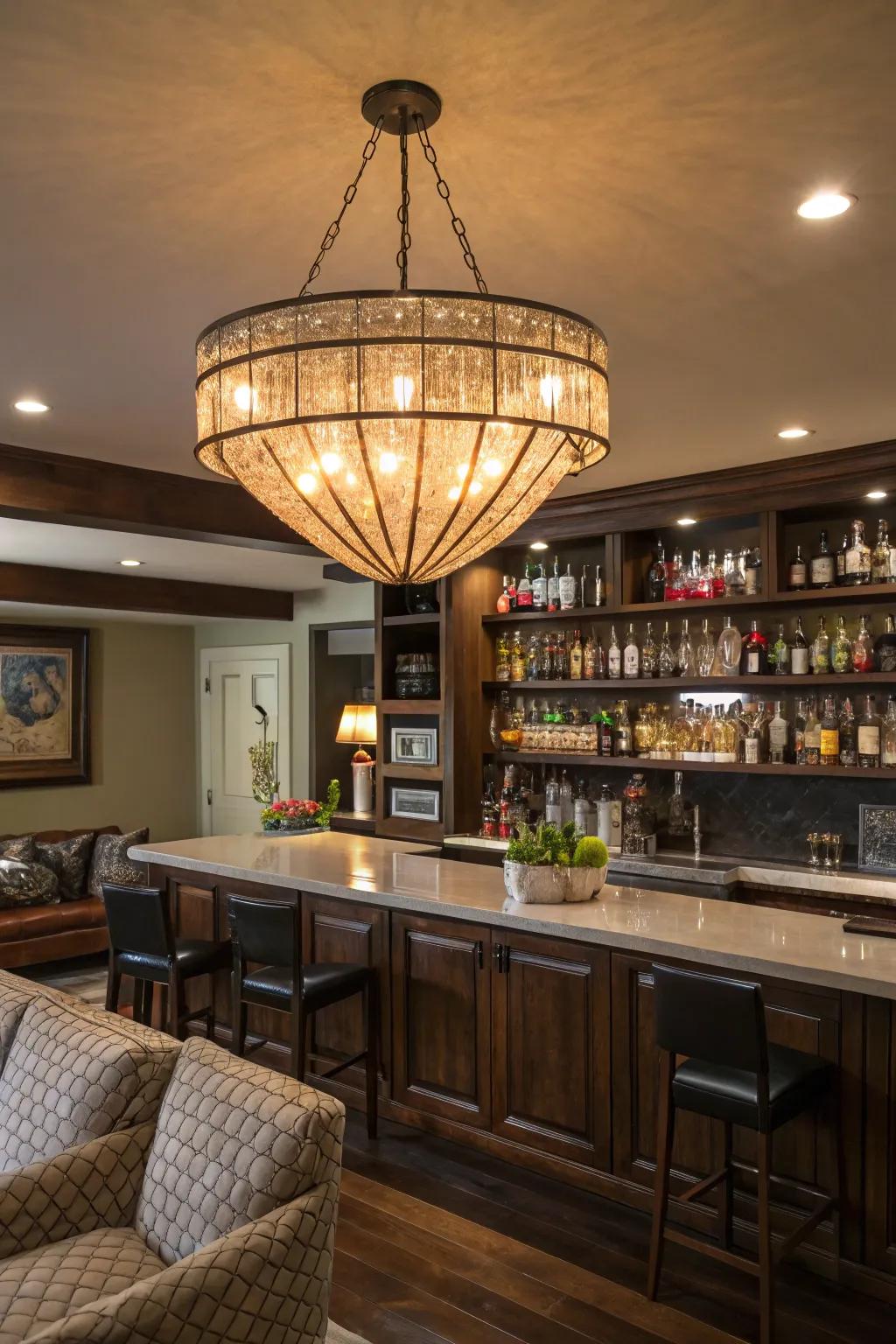An elegant candelabra serves as a breathtaking focal element within the bar.