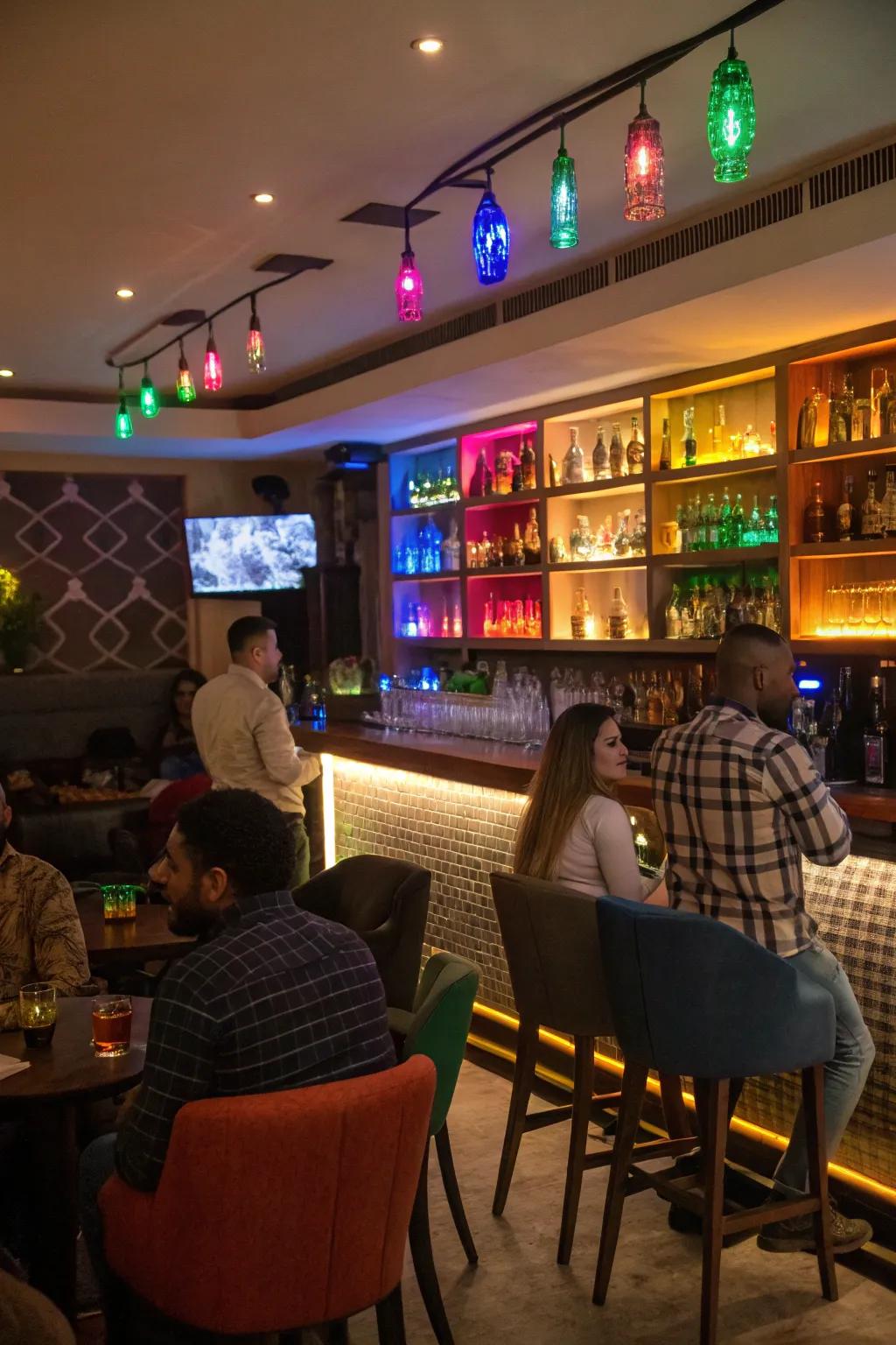 Pulsating lights channel a lively dynamism into the bar.