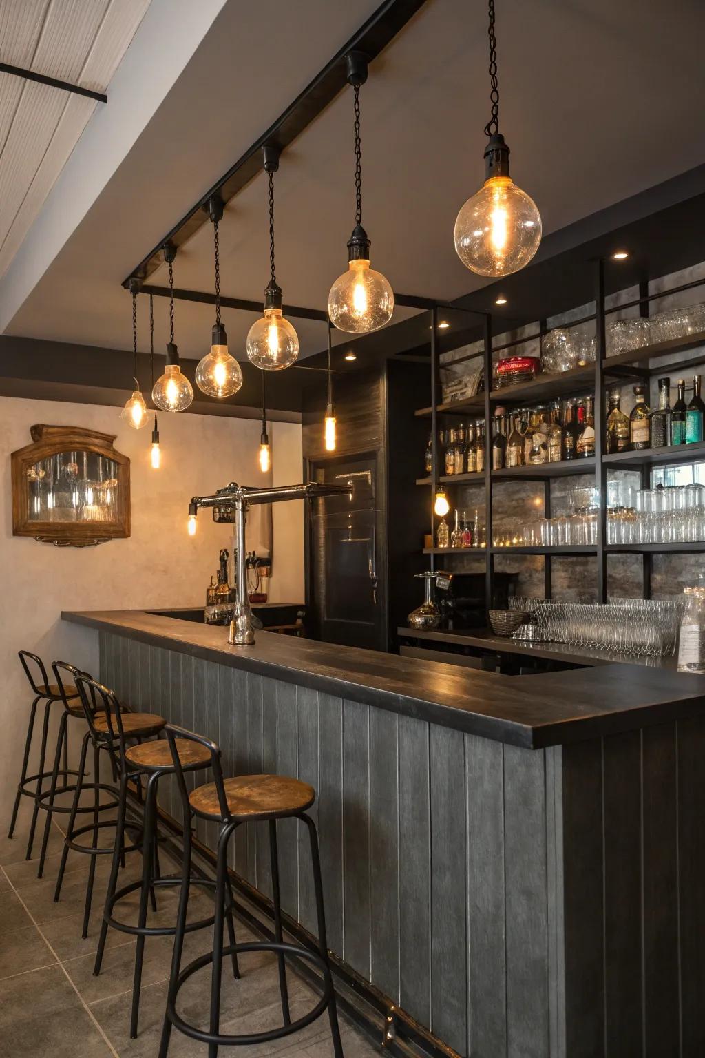 Illumination in the industrial style, showcased by visible bulbs, enriches the bar's distinctive character.