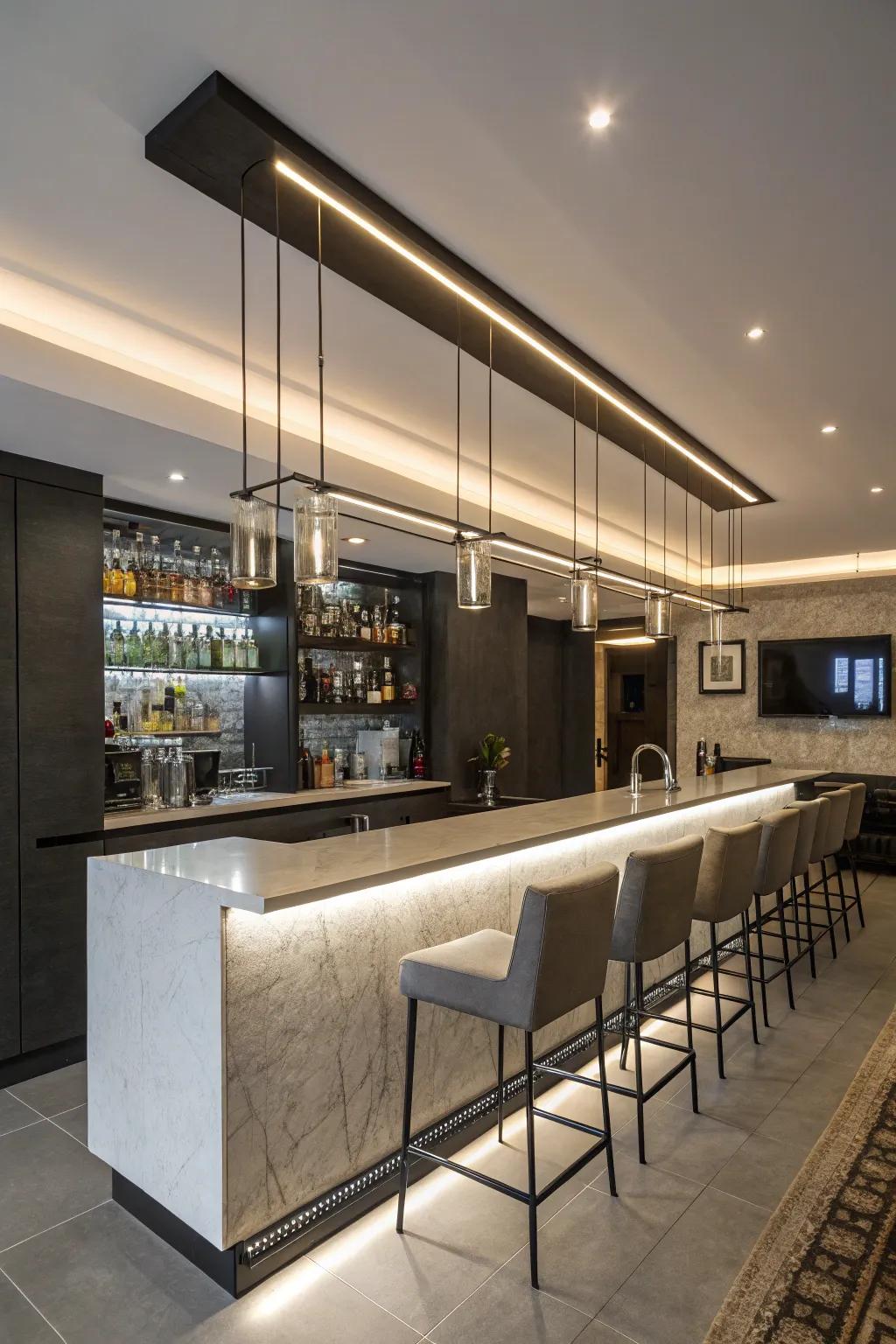 Suspended light bars proffer a state-of-the-art and sleek blueprint.