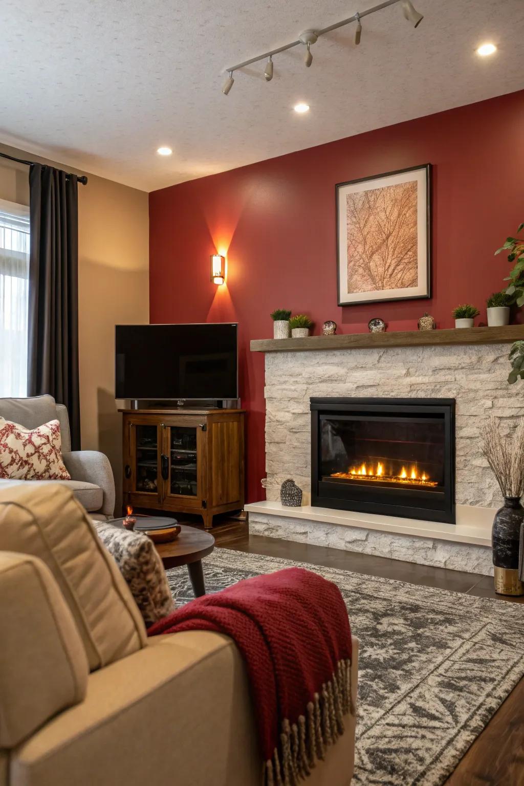 A living space with a boldly colored accent wall showcasing an electric fireplace.