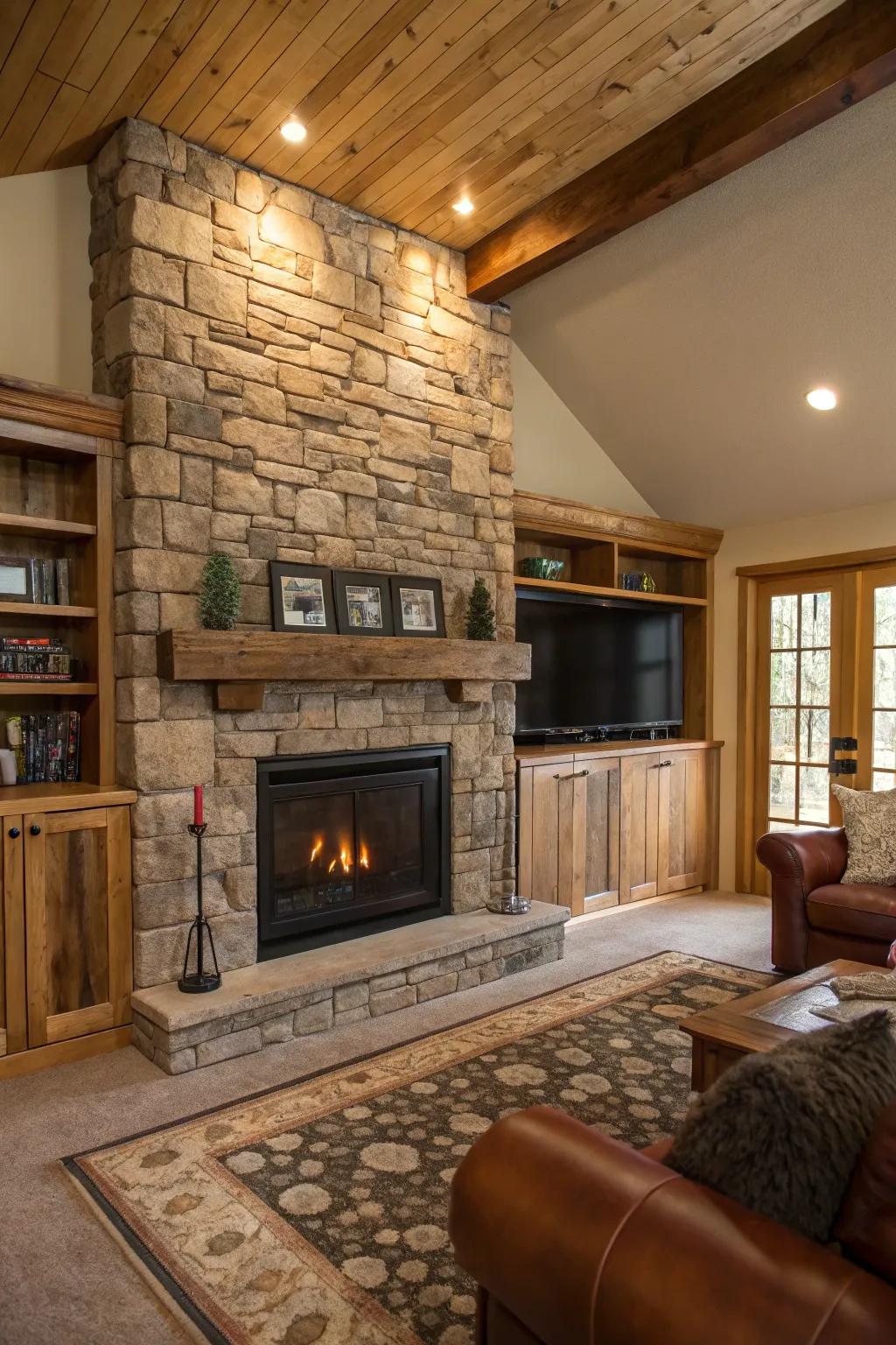 A rustic-inspired living room featuring a stone-detailed electric fireplace and inviting wooden accents.