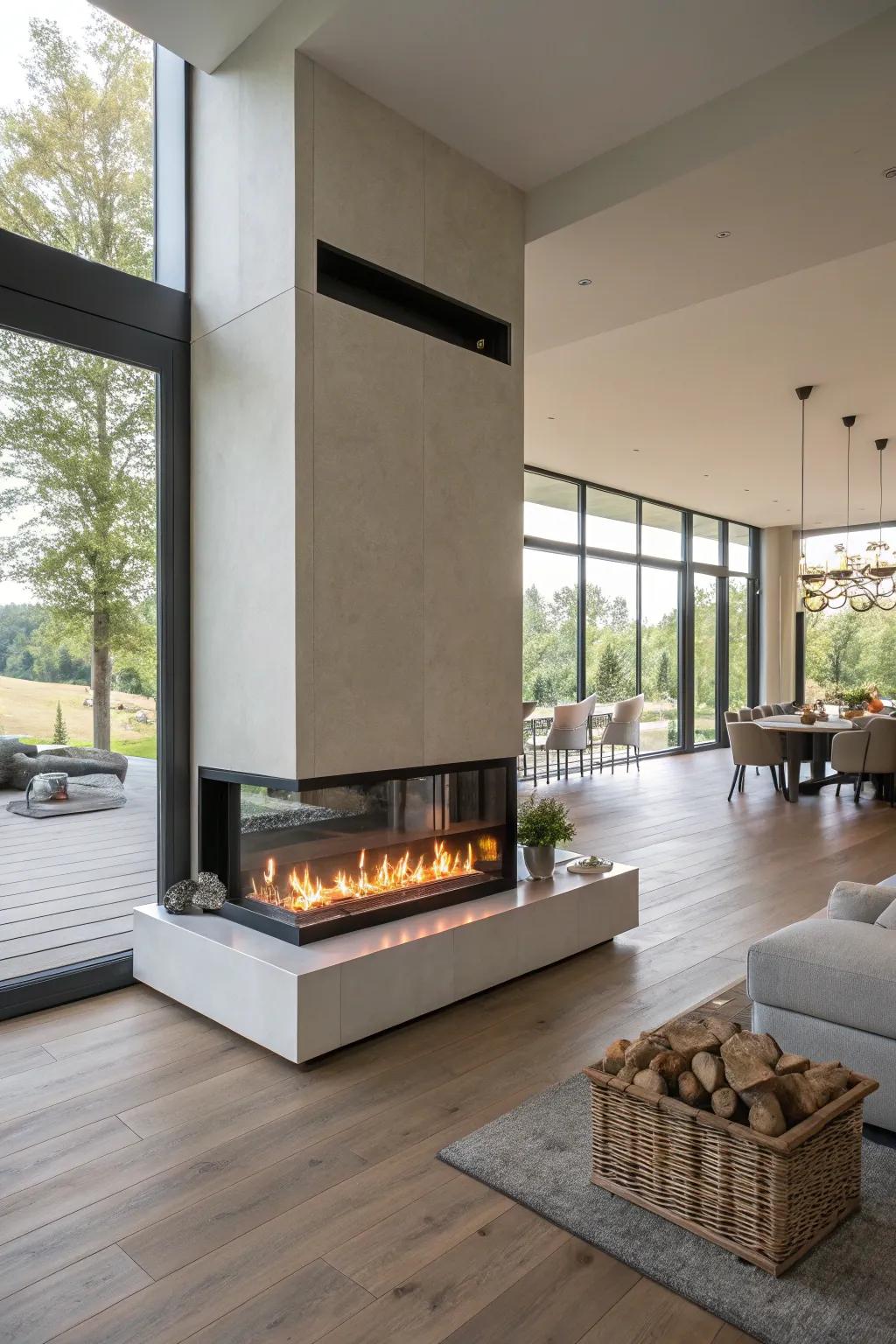An electric fireplace functioning as a room divider in a spacious, open-plan living area.