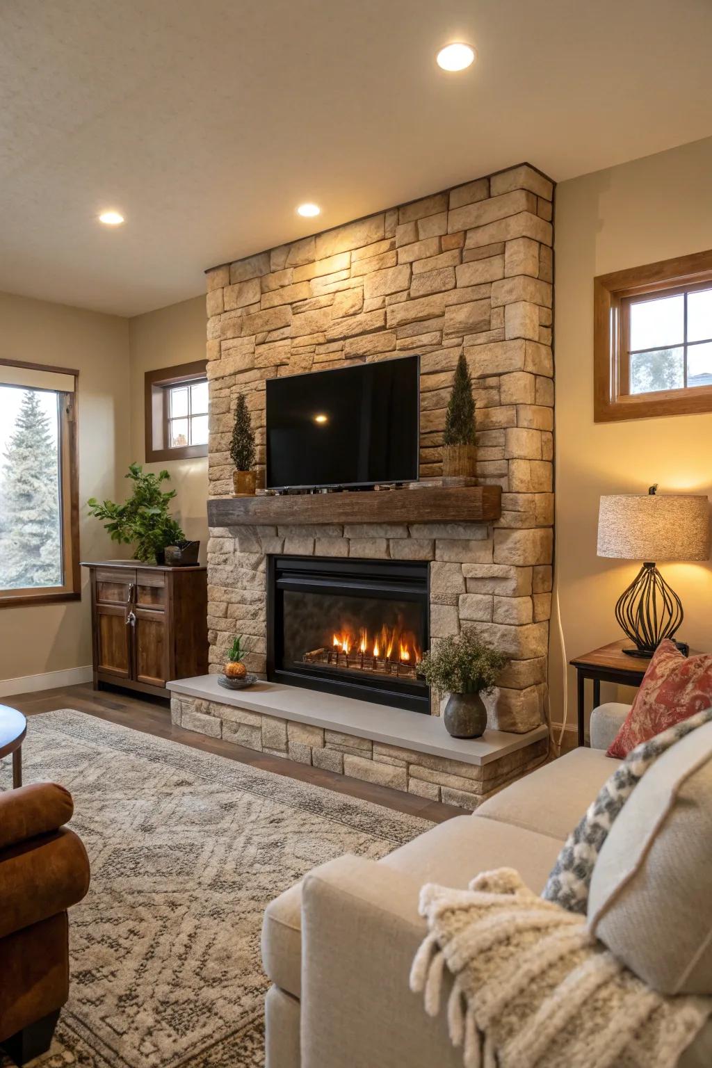 An electric fireplace featuring natural stone cladding in a cozy living room.