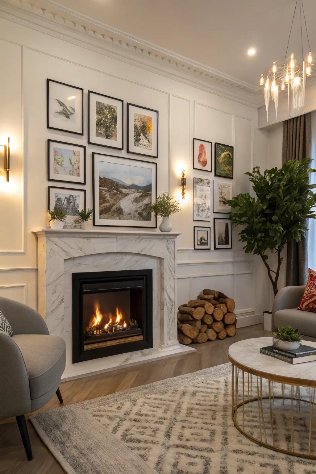 An electric fireplace framed by a selection of artwork in a stylish living area.
