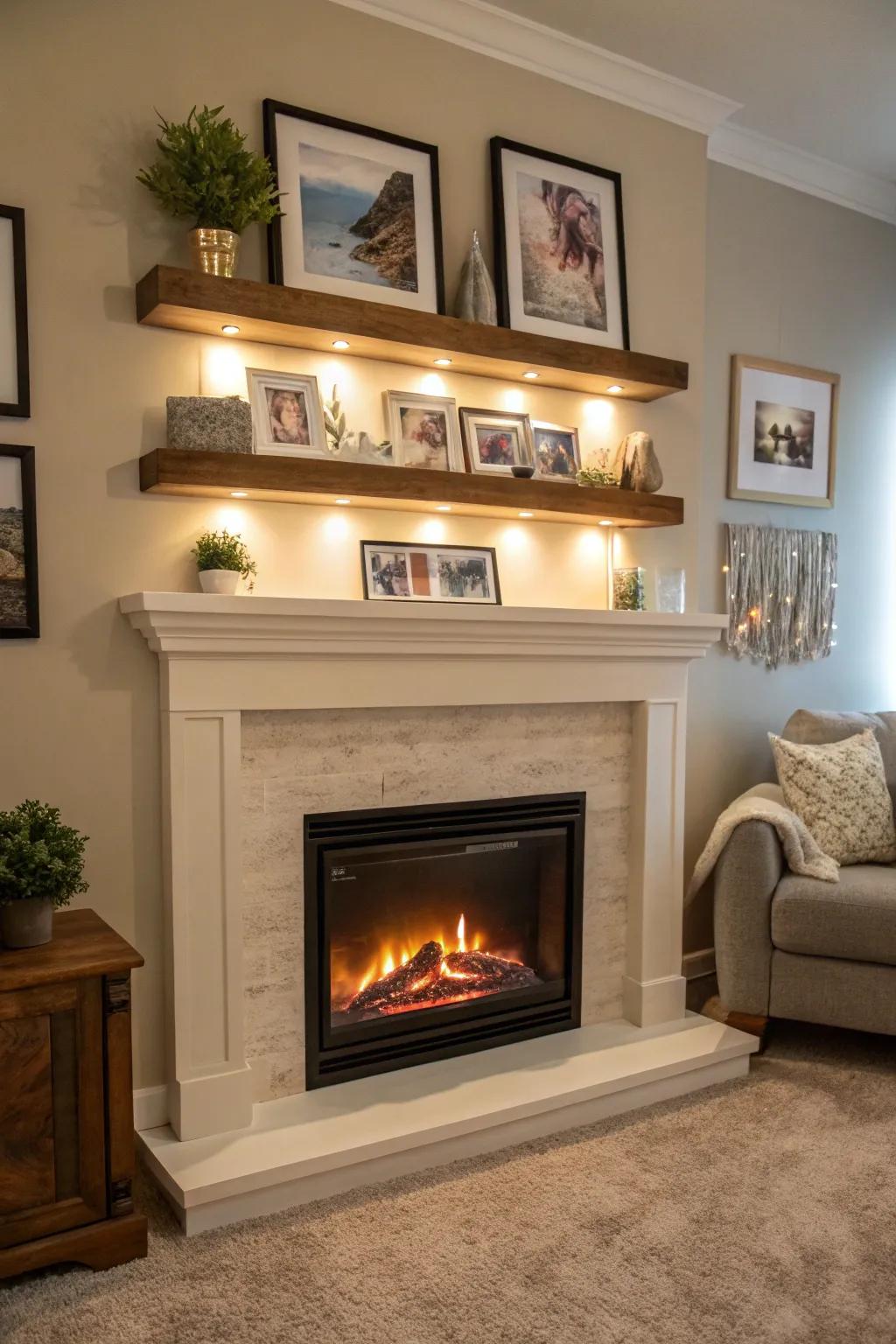 An electric fireplace with floating shelves above, displaying art and photographs.