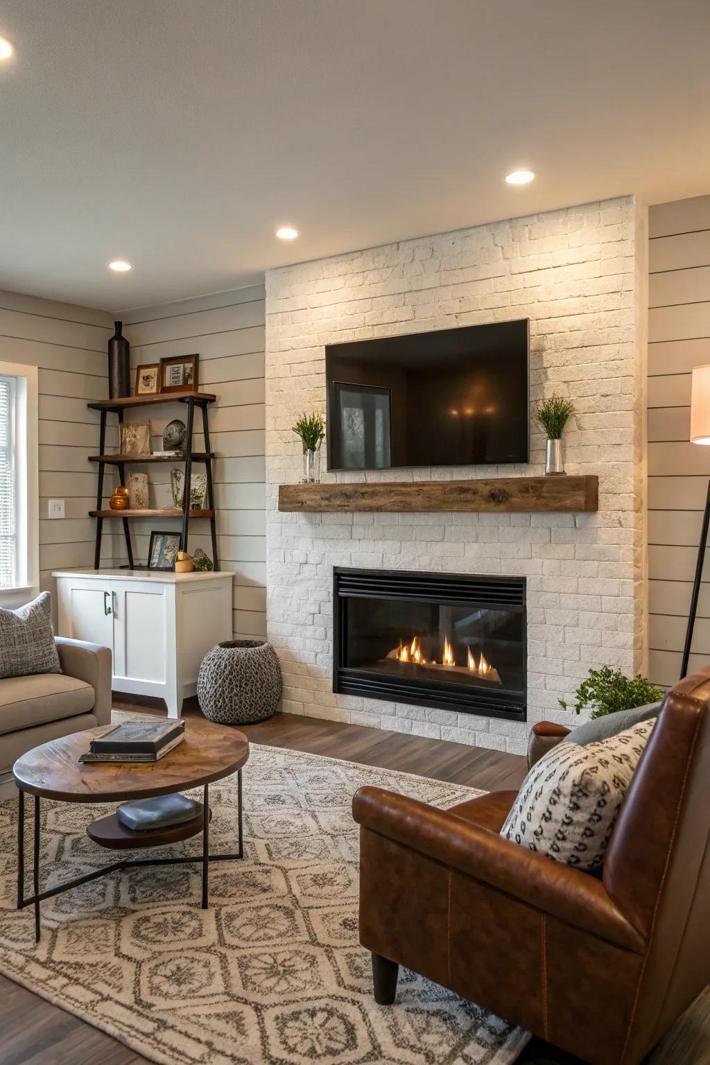 A living space showcasing a textured shiplap fireplace wall and modern decor.
