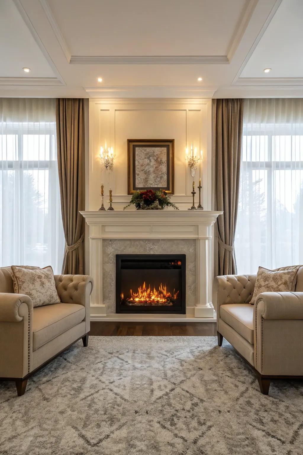 A symmetrical living space setup with a central electric fireplace.
