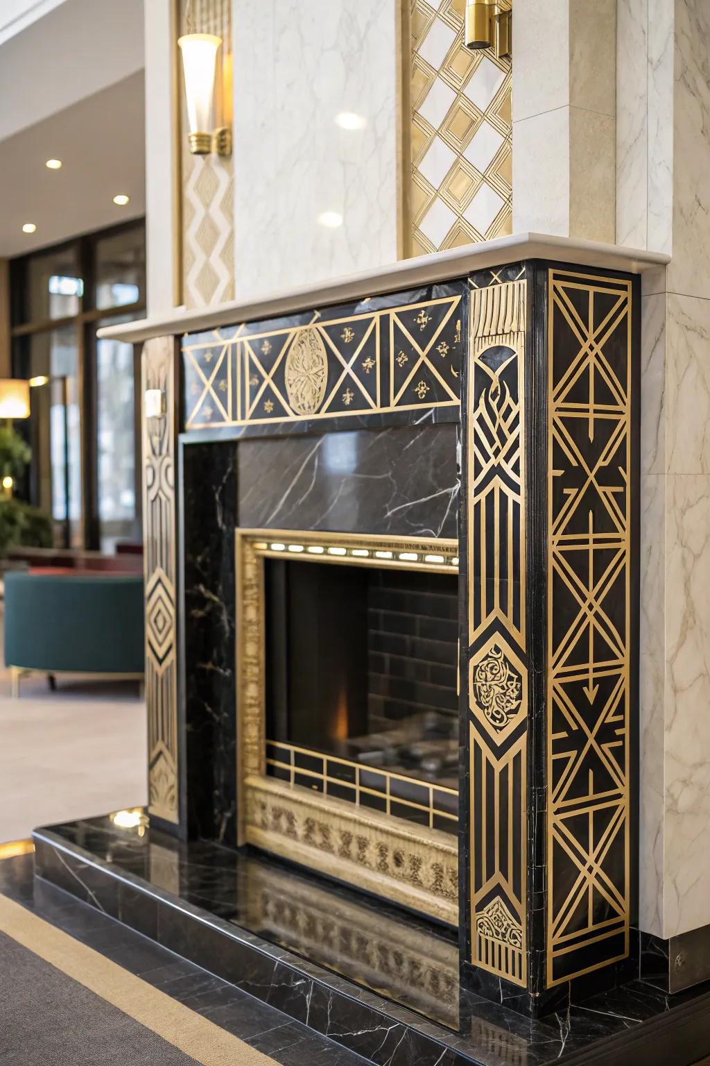 An Art Deco style fireplace featuring geometric patterns and luxurious finishes.