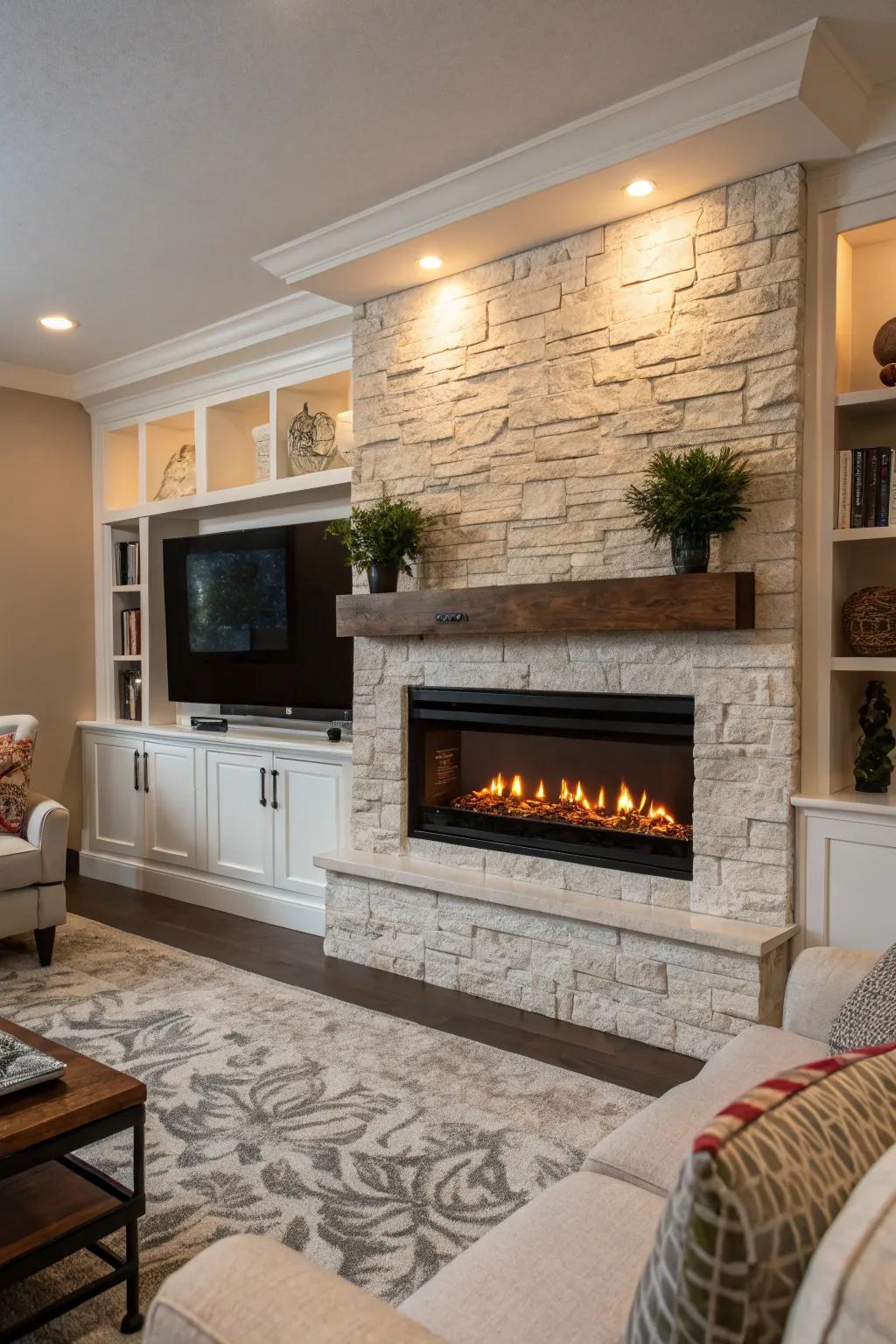 A living area featuring a built-in electric fireplace, flawlessly integrated into the wall.