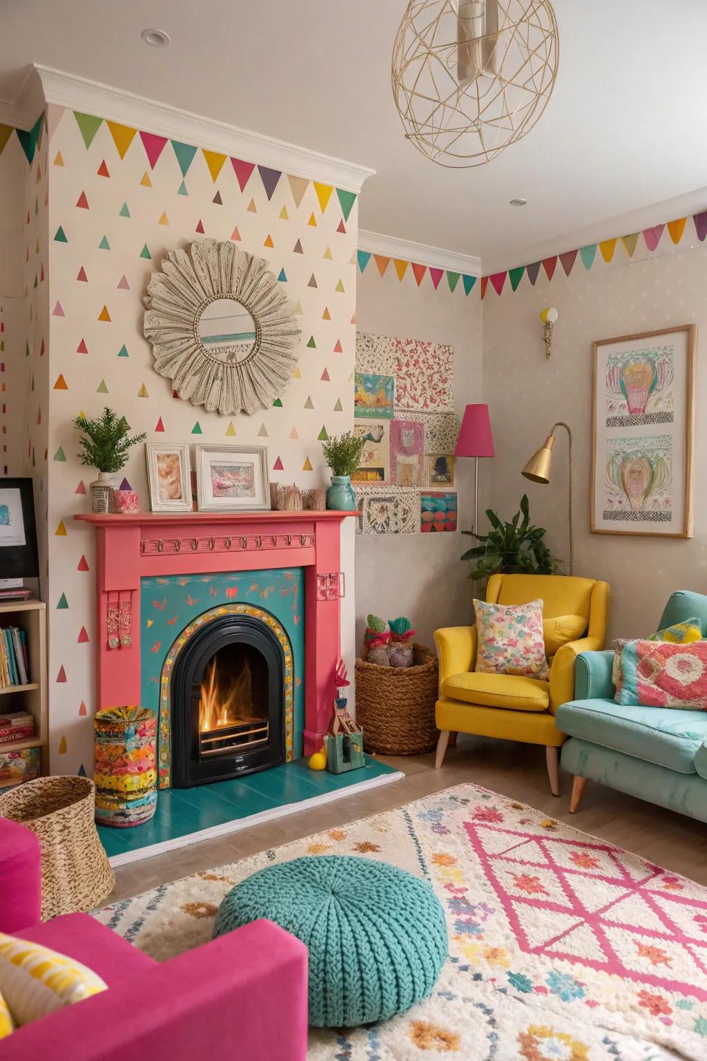 A whimsical living room featuring a colorful fireplace and quirky decor elements.