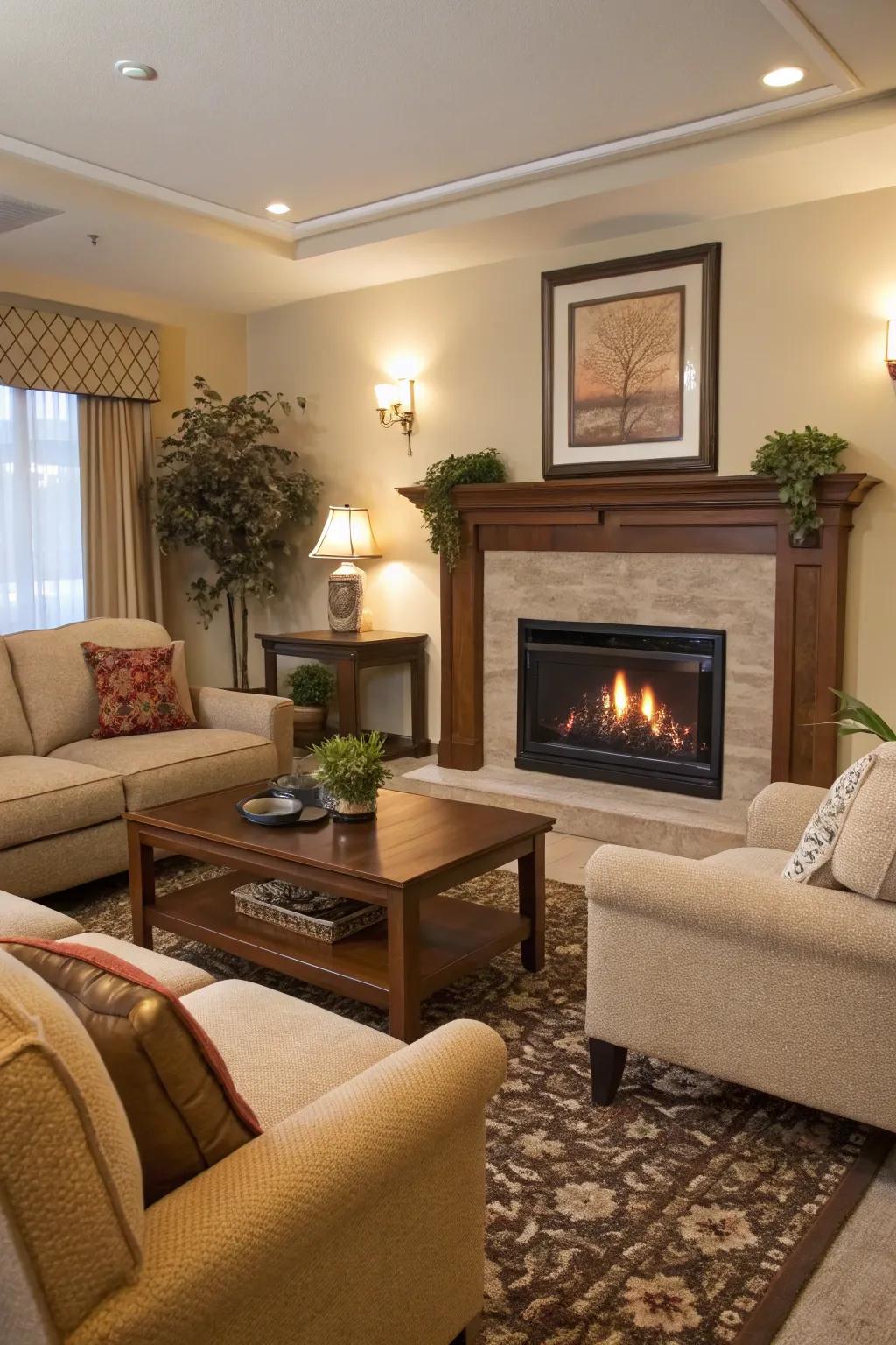 A living room showcasing an electric fireplace and harmoniously arranged furniture.