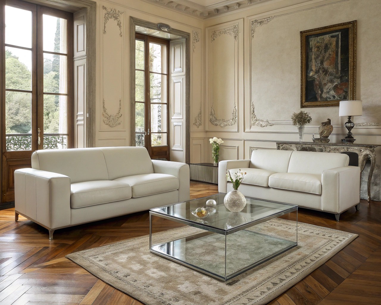 Modern furniture and lighting complement the rich architectural details of a traditional home.
