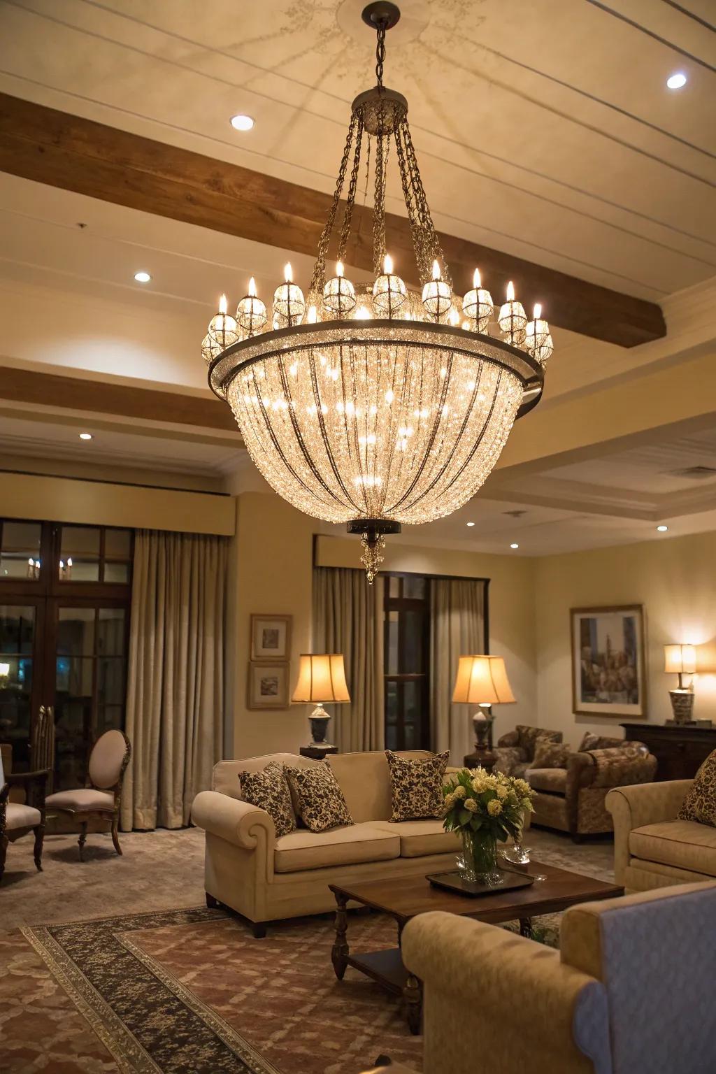 A lounge accentuated by a notable chandelier.