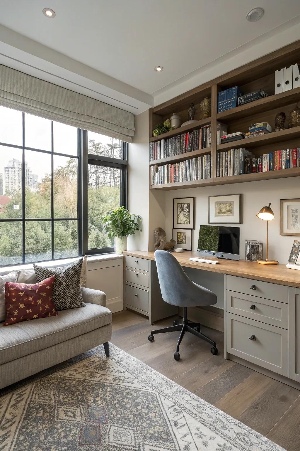 A versatile environment integrating both lounge and work zones.