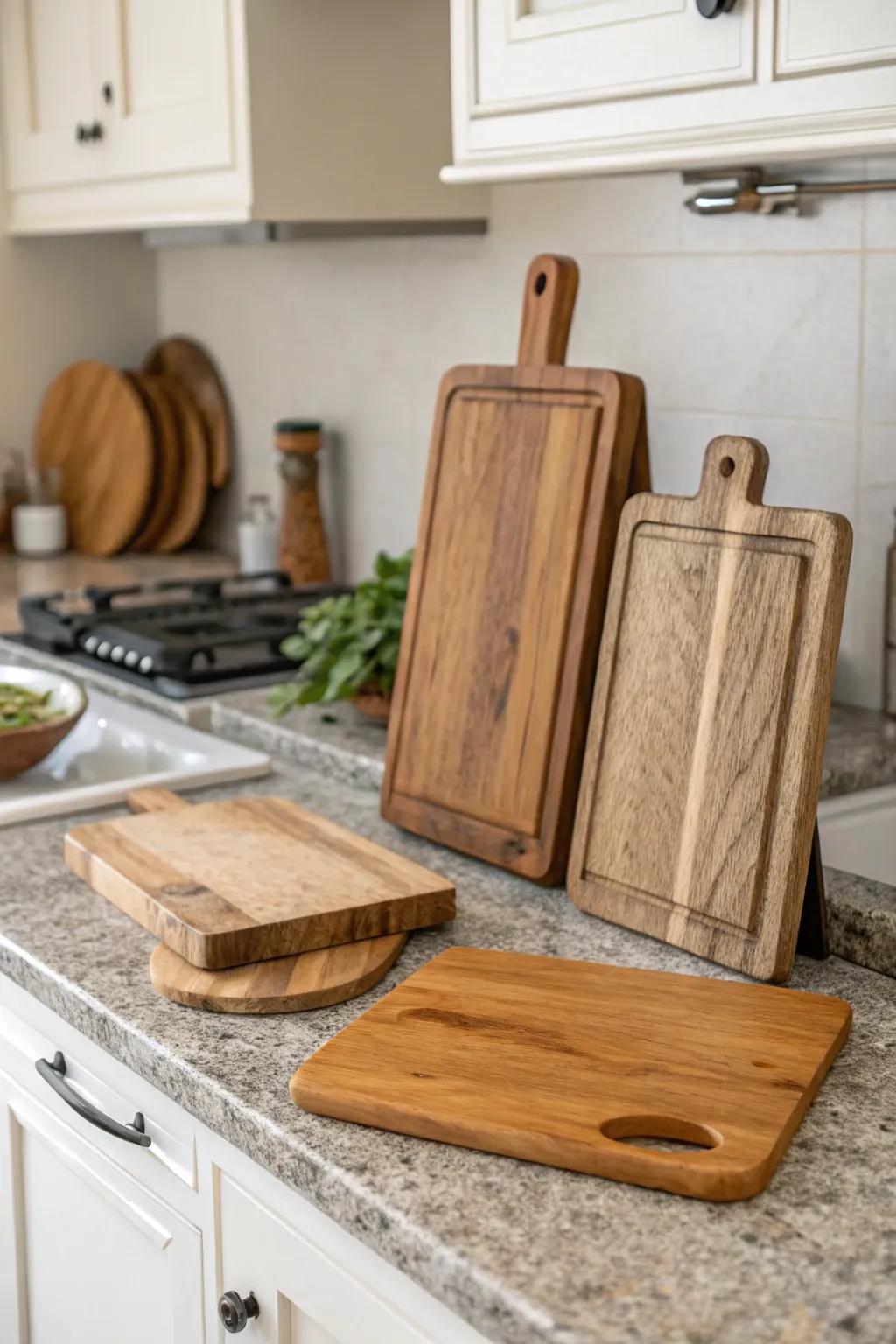 Authentic components such as timber and stone establish an inviting and cozy cooking setting.