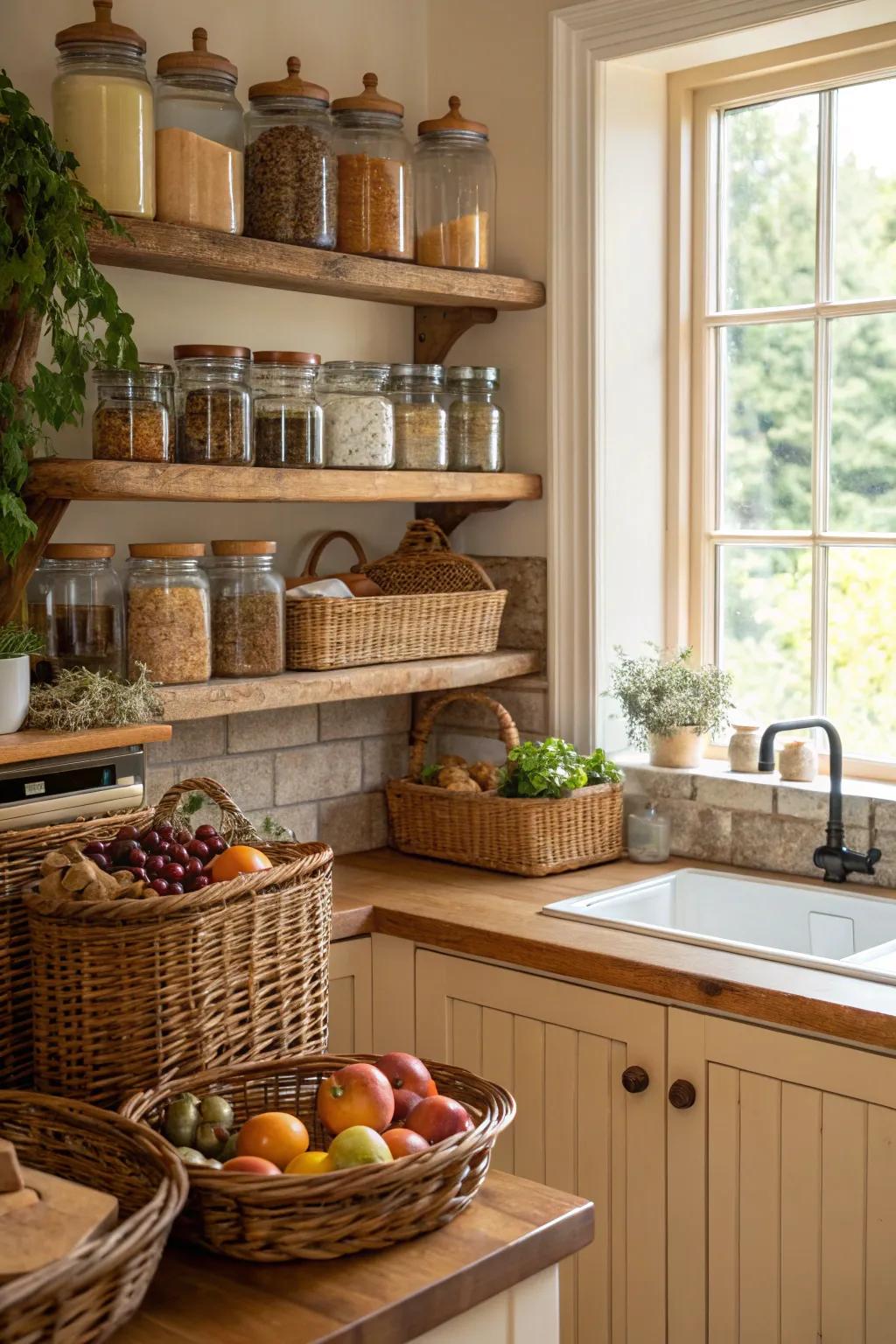 Fashionable storage mechanisms allow the maintenance of a structured, aesthetically pleasing cooking area.