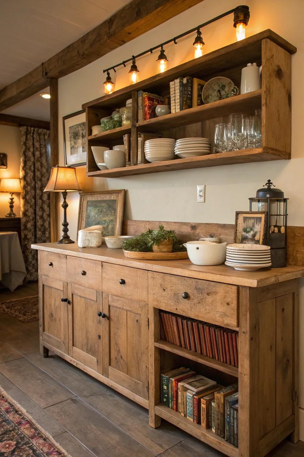 A salvaged timber sideboard matched with unclosed shelving enriches this culinary space with countryside allure.