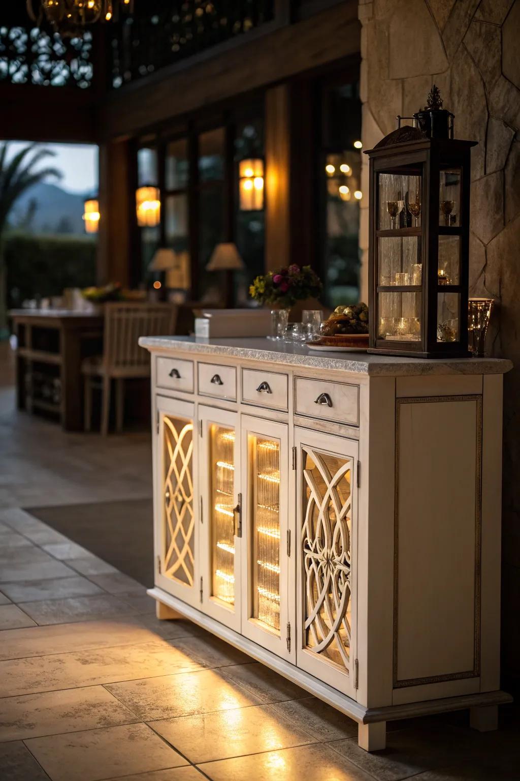 Dynamic illumination underscores the sideboard's function within the culinary space.