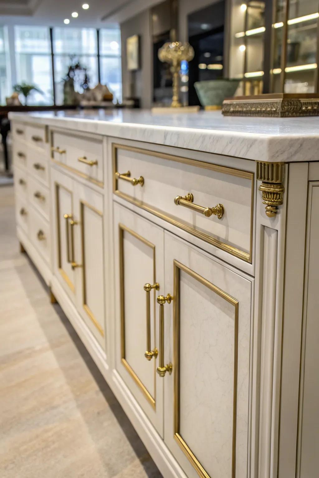 Refined embellishments encompassing brass and marble elevate this sideboard's sophistication.