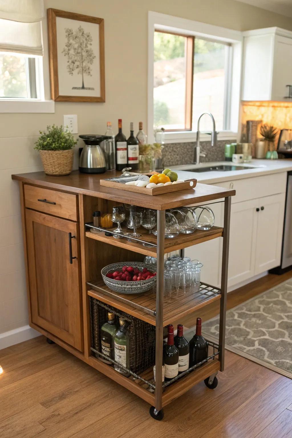A multi-functional sideboard fulfills the role of a pragmatic mobile beverage station within a compact culinary space.