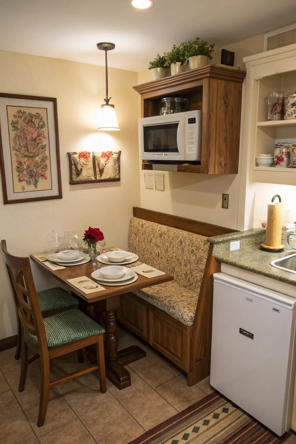 A microwave conveniently located near the dining area.