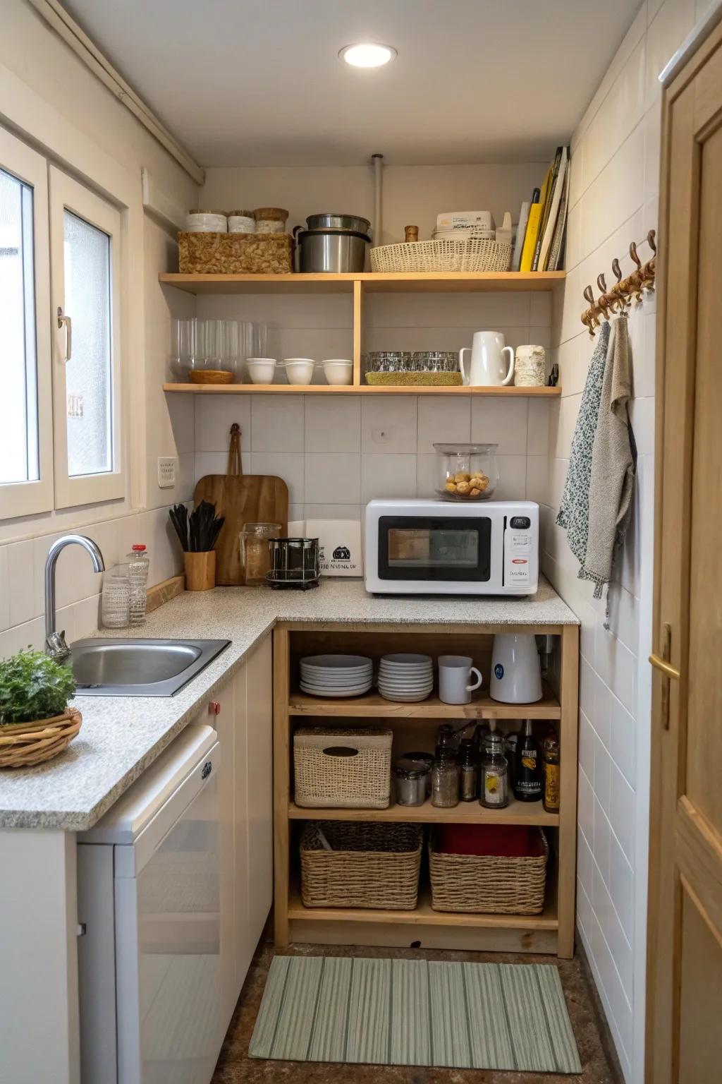 A microwave placed on open shelves for easy access and a stylish touch.