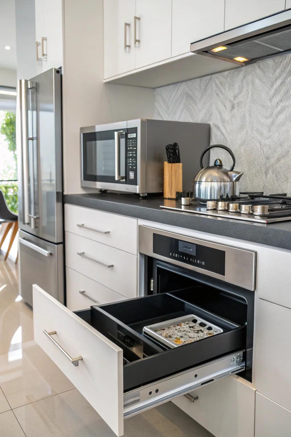 A microwave cleverly hidden inside a kitchen drawer.