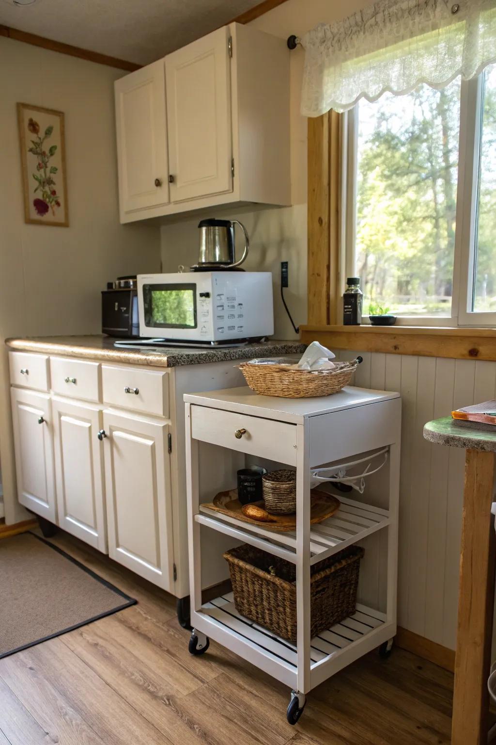 A versatile rolling cart with a microwave for flexible kitchen use.