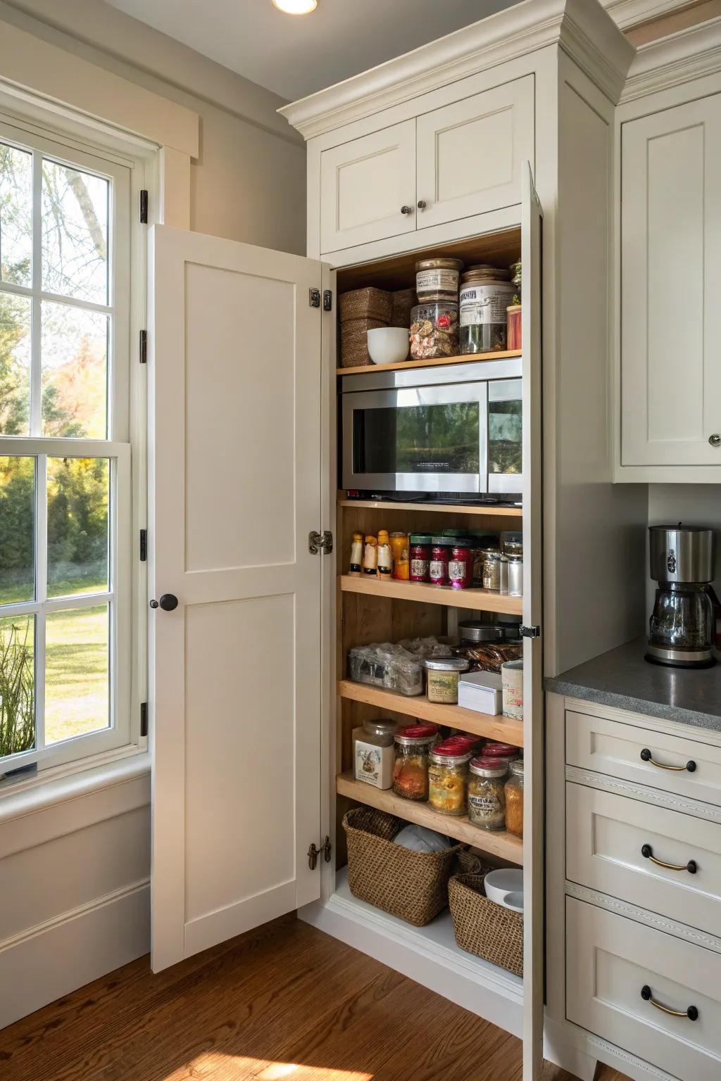 A microwave discreetly placed in a kitchen pantry.
