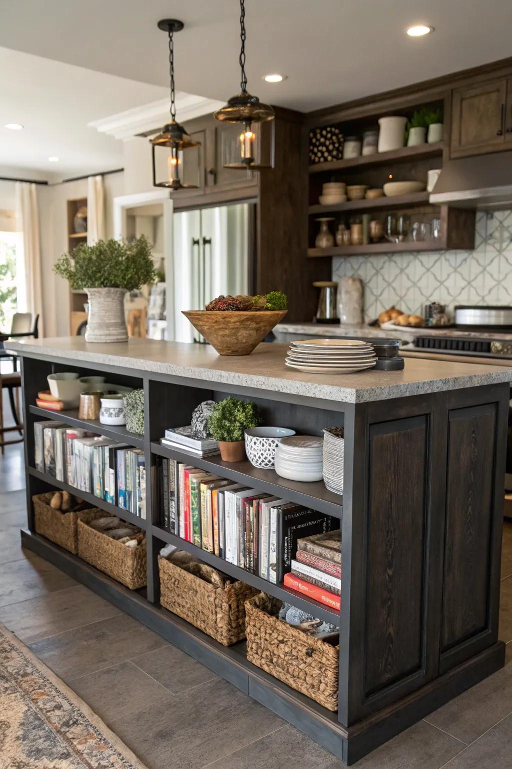 Exposed shelving enhances both utility and aesthetic.