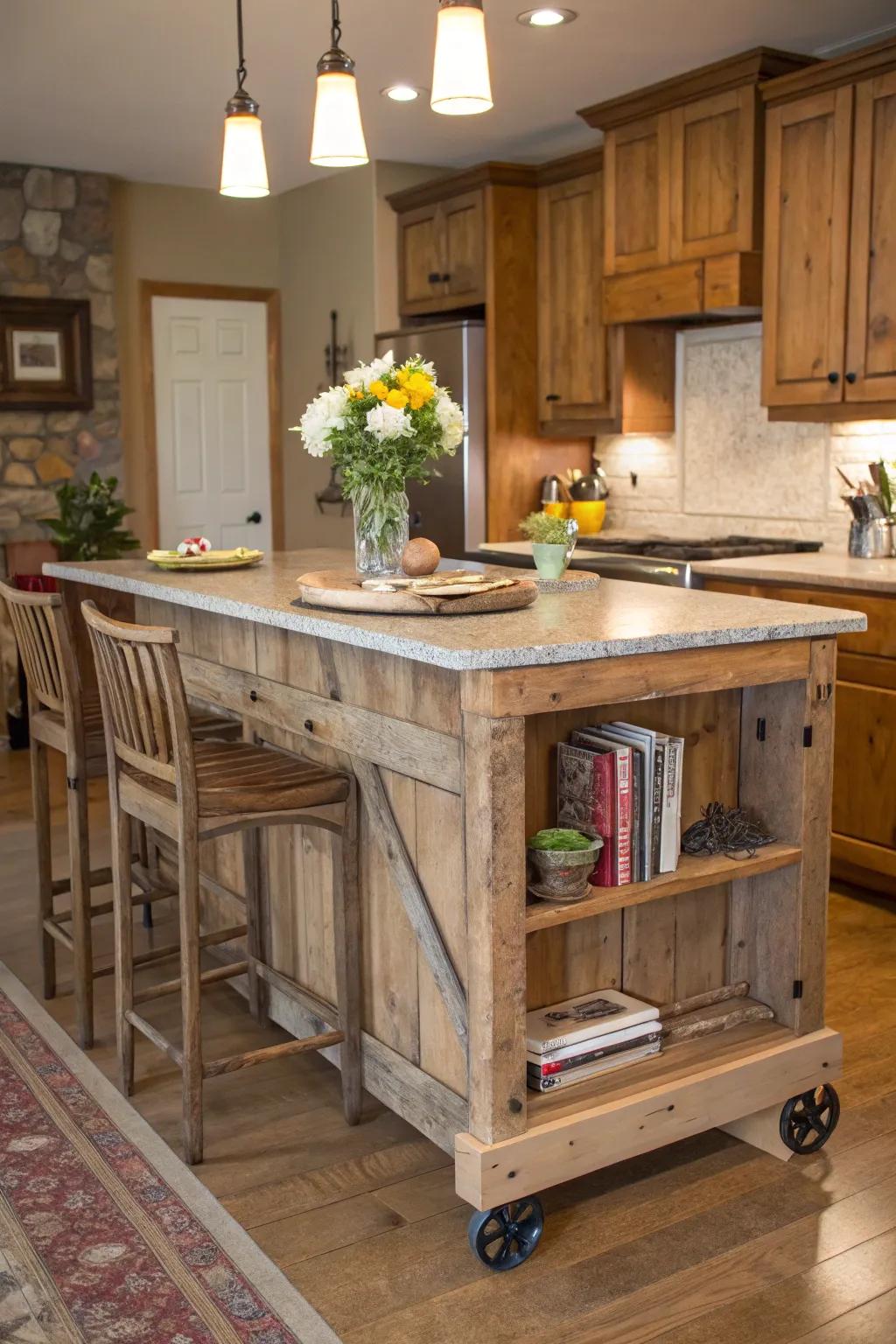A rustic mobile island introducing farmhouse charm to your kitchen.