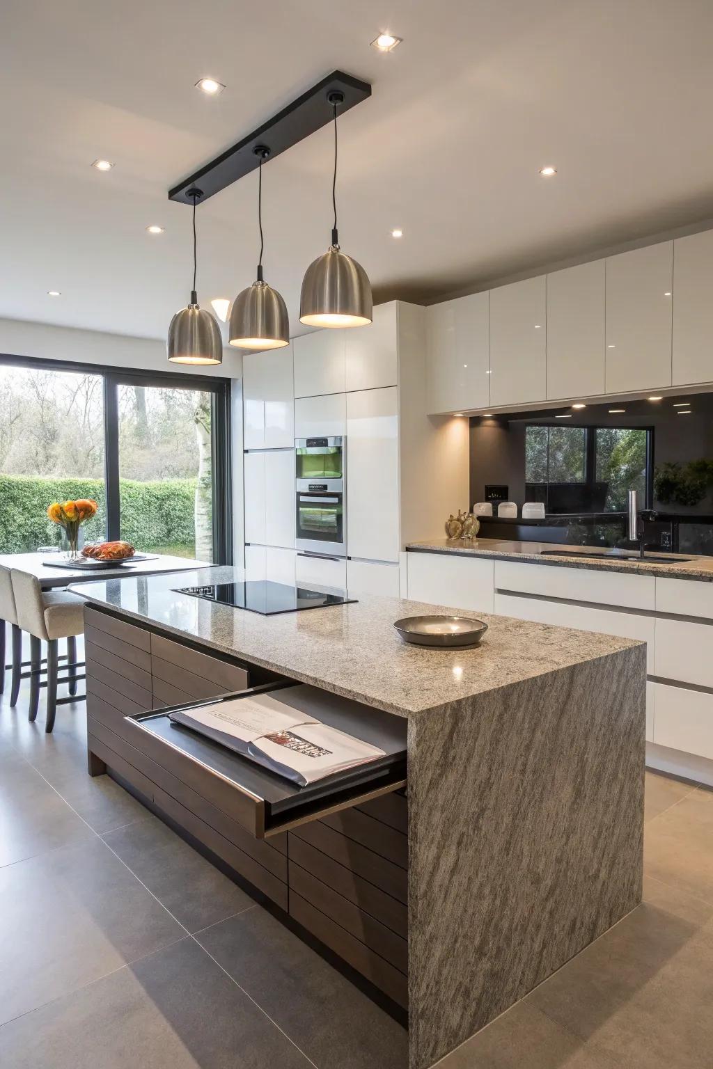 A practical folding table island maximizing extra area.