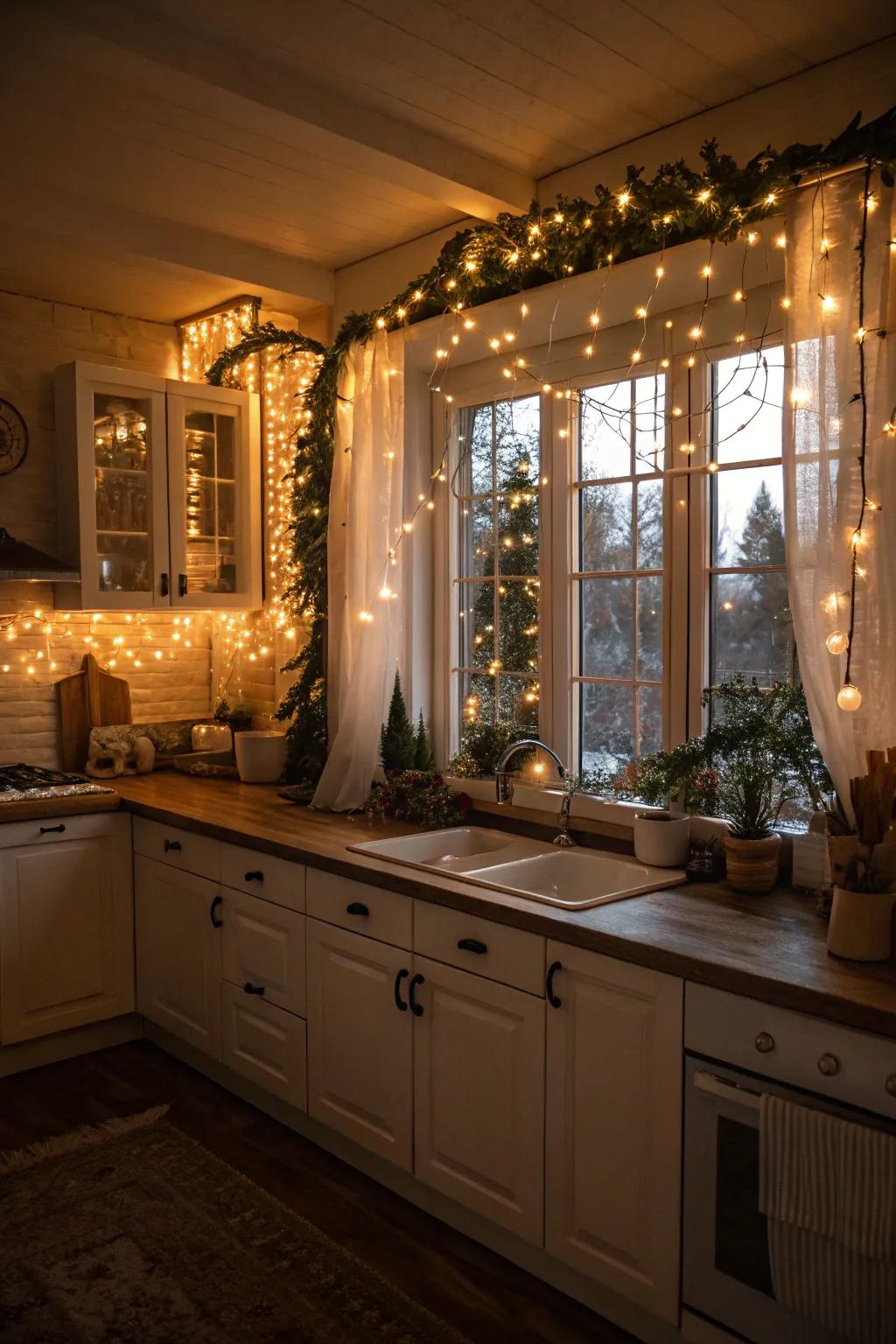Pixie lights append a bewitching ambiance to your kitchen.