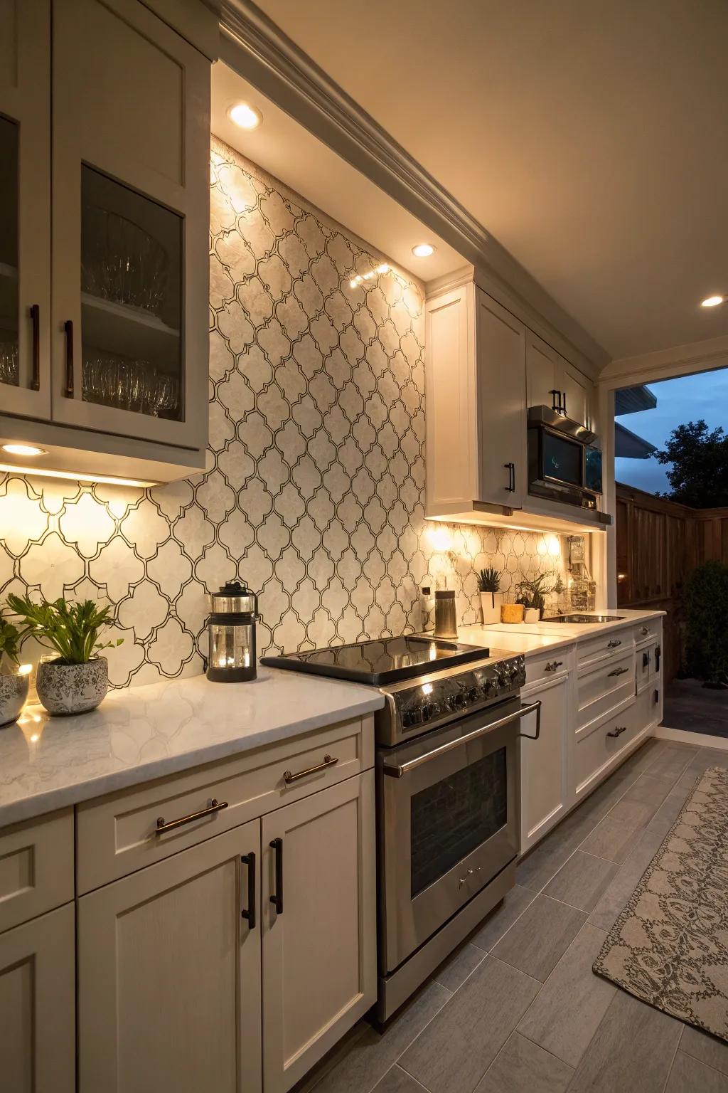 A kitchen where under-cabinet lighting enhances the intricate designs of the arabesque tile backsplash.