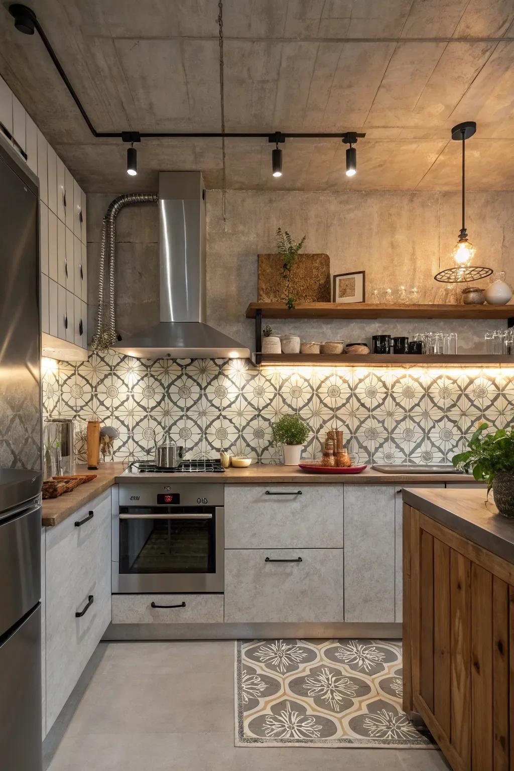 An industrial-style kitchen with a unique blend of arabesque tiles and concrete features.