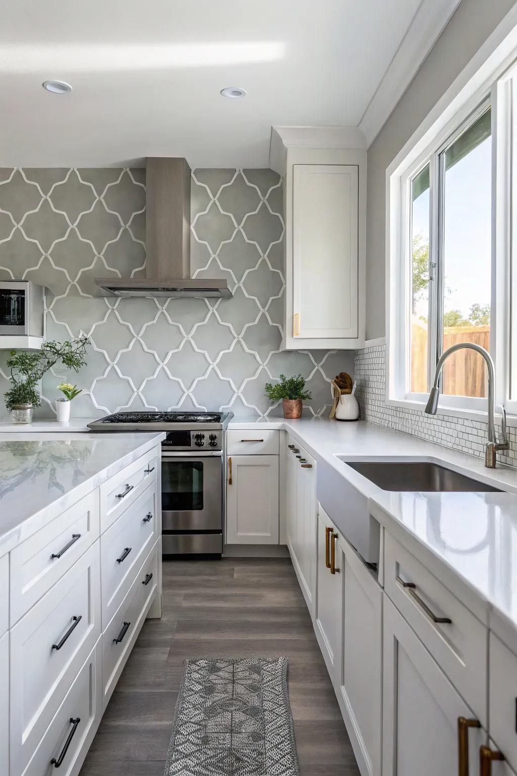 A minimalist kitchen showcases a calming gray arabesque tile backsplash.