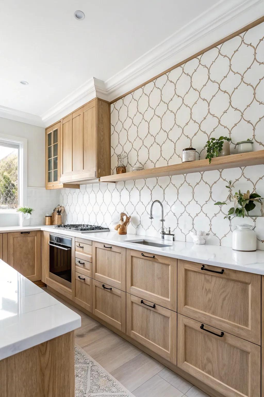 A traditional kitchen showcases a serene white arabesque tile backsplash, offering an enduring and peaceful ambiance.