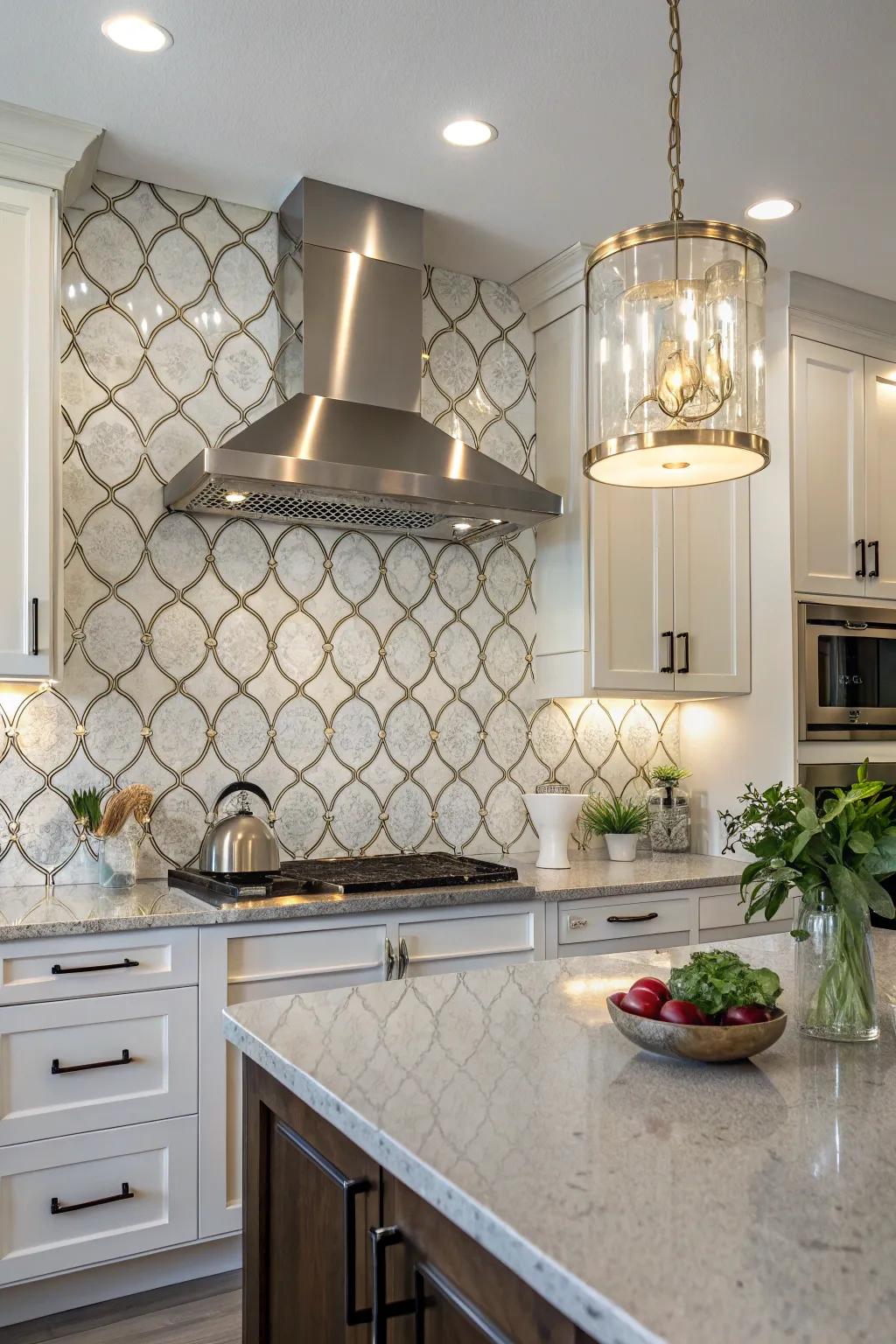 A sleek kitchen featuring metallic-accented arabesque tiles for a touch of glamor.