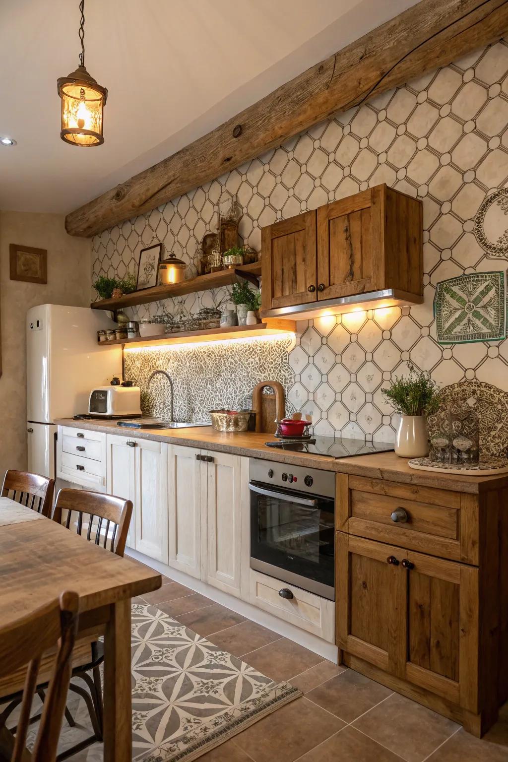 A cozy kitchen with warm wood details and a charming arabesque tile backsplash.