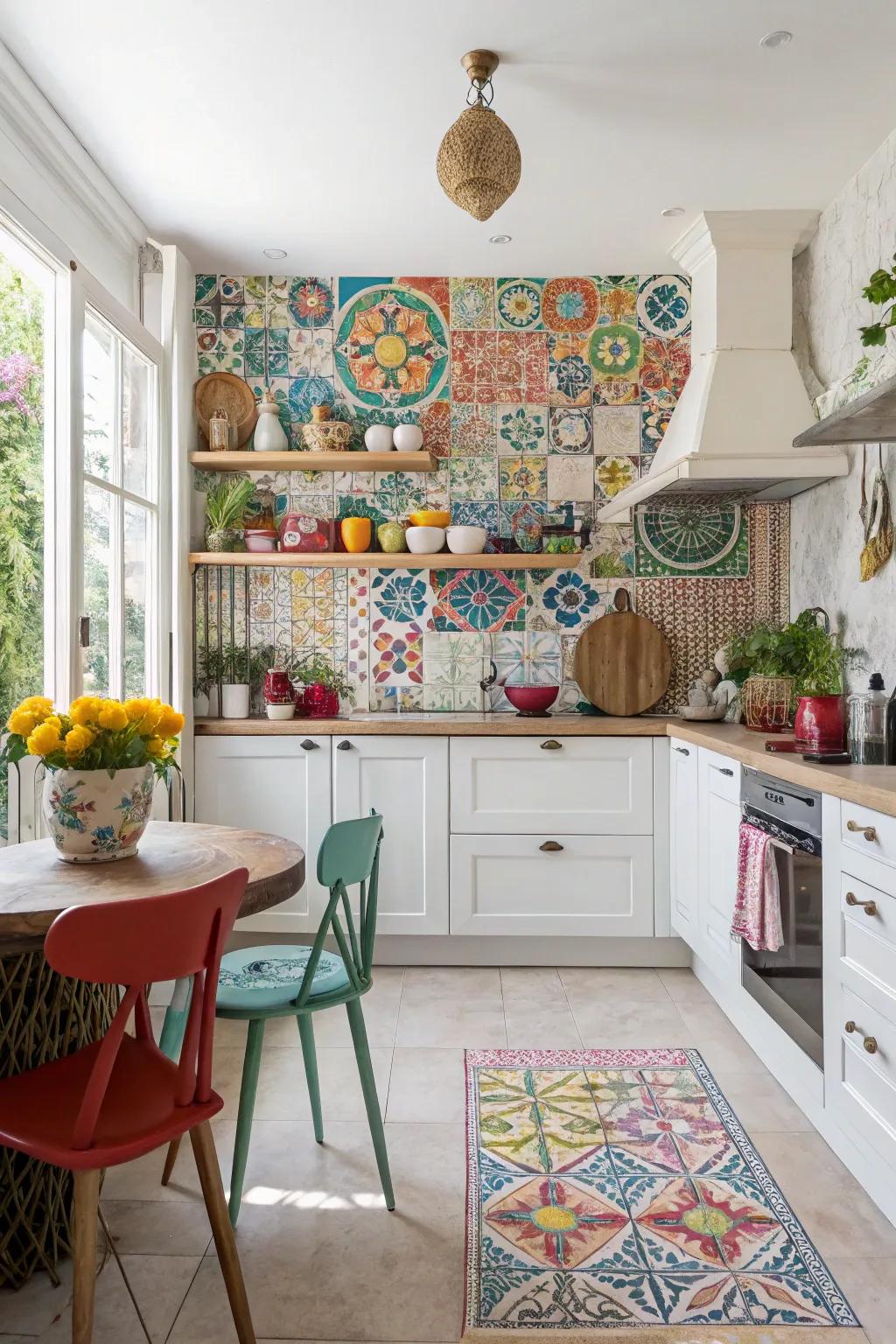 An eclectic kitchen showcases a vibrant, colorful arabesque tile backsplash.