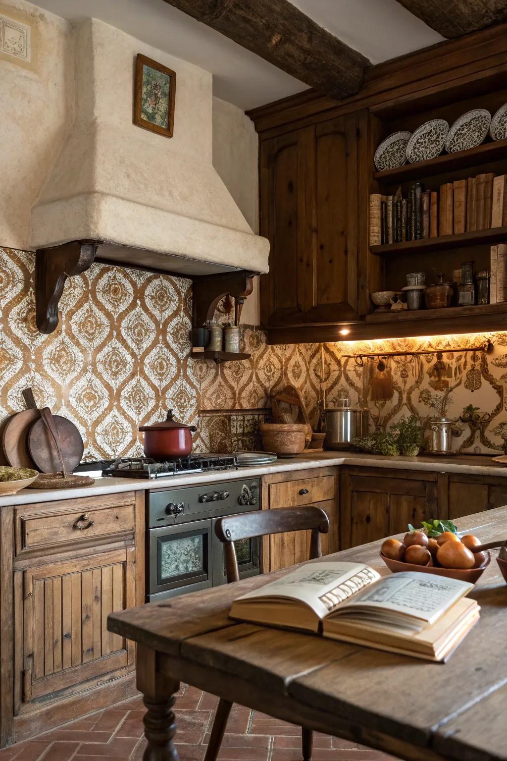 A rustic kitchen with earthy-toned arabesque tiles adding natural charm.