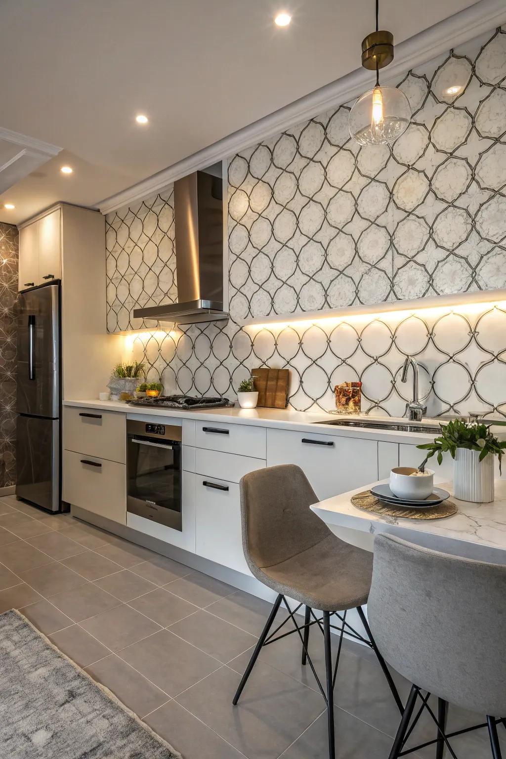 A contemporary kitchen showcasing a dynamic mix of glossy and matte arabesque tiles.