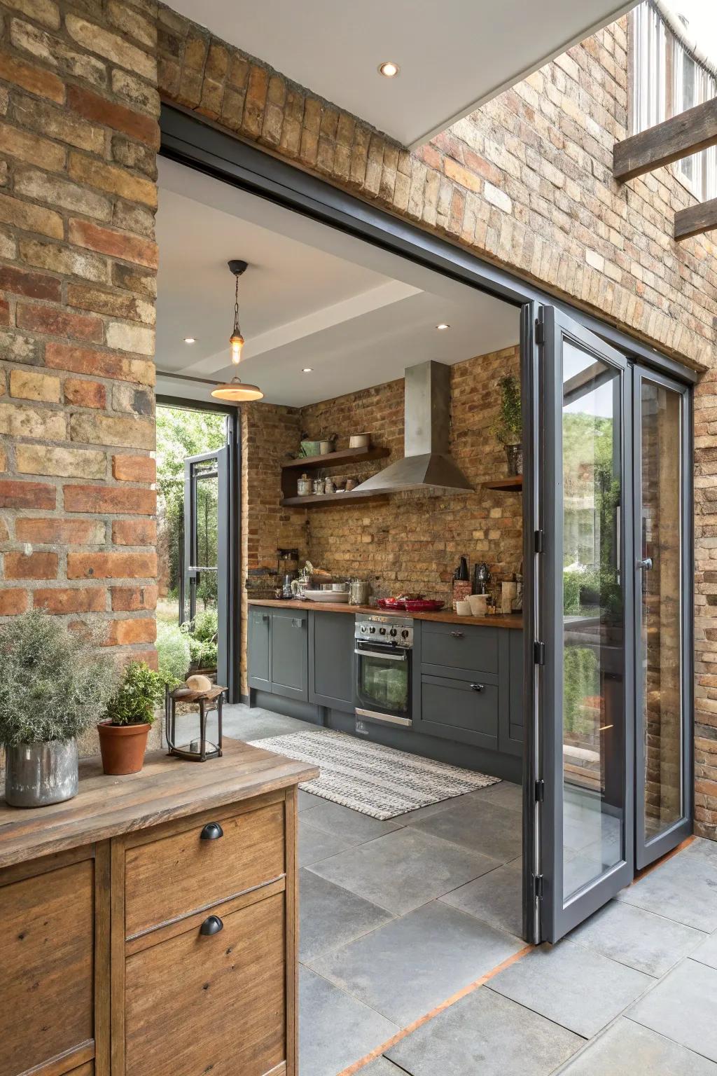 Fuse rustic brick with contemporary bifold doors for a distinctive design.