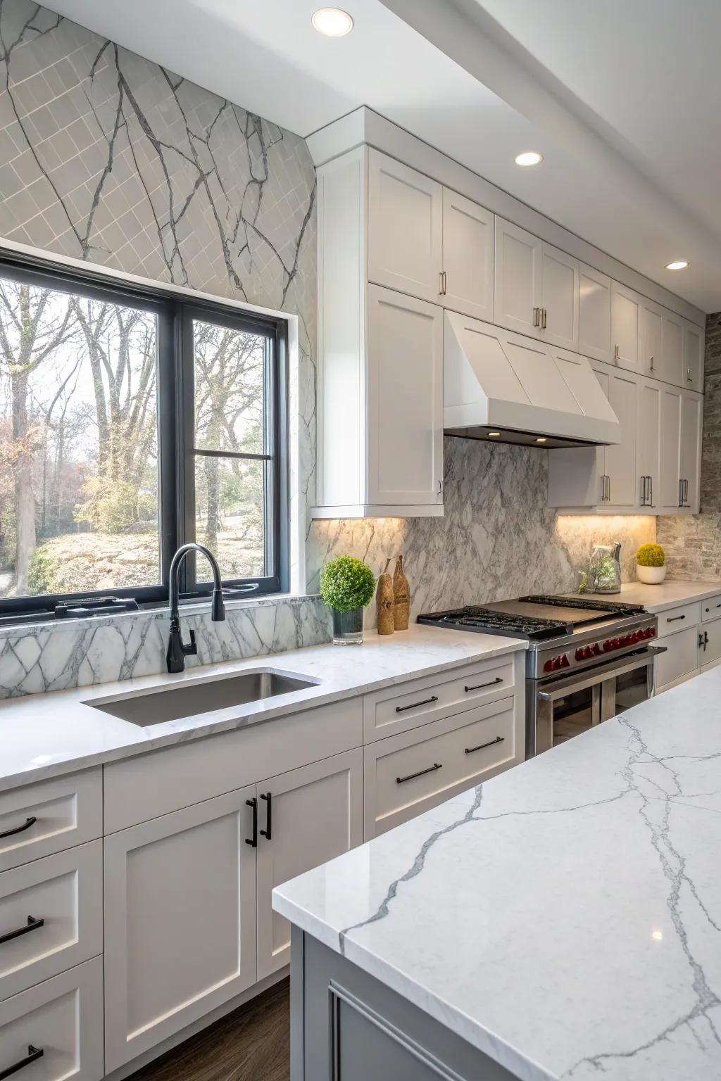 Traditional white quartz worktops complemented by delicate gray streaks.