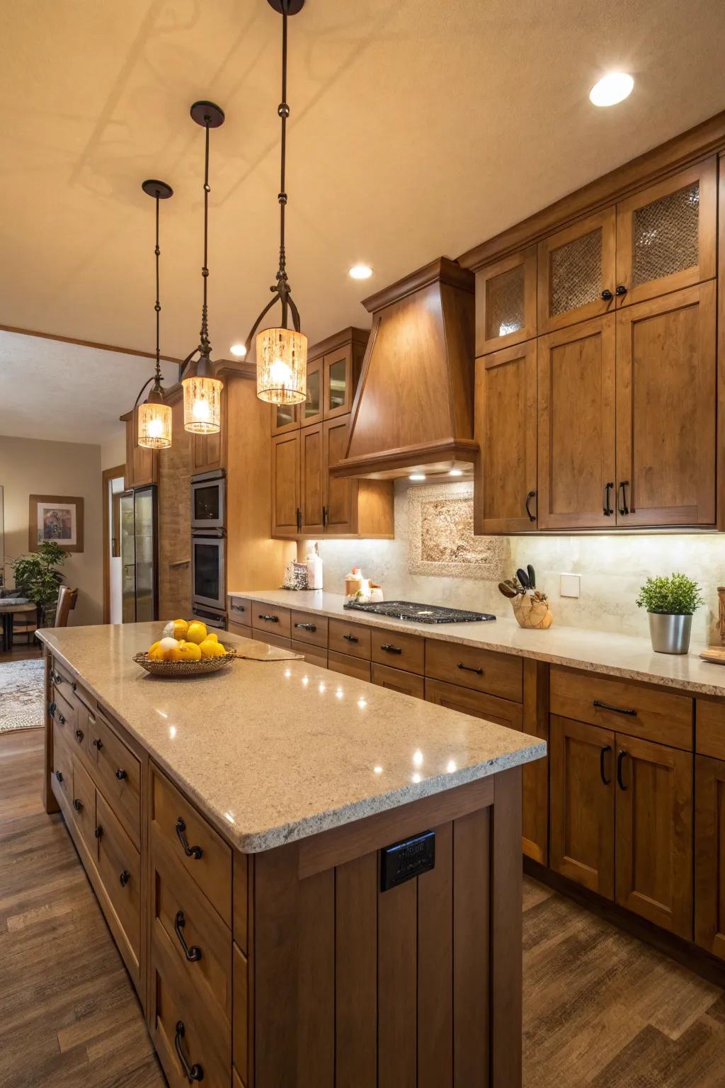 Warm-tinged quartz counters establishing a cozy ambiance.