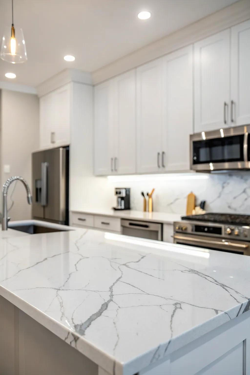 Opulent yet easily maintained stone-resembling quartz counters.