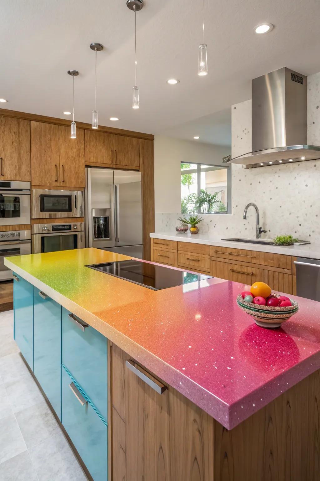 Inventive color integrations in quartz for a personalized cooking area.