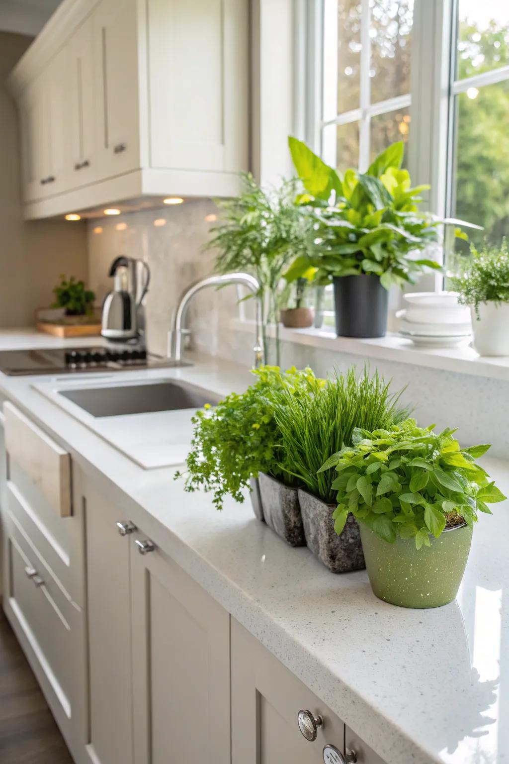 Eco-conscious quartz counters in a sustainable kitchen layout.
